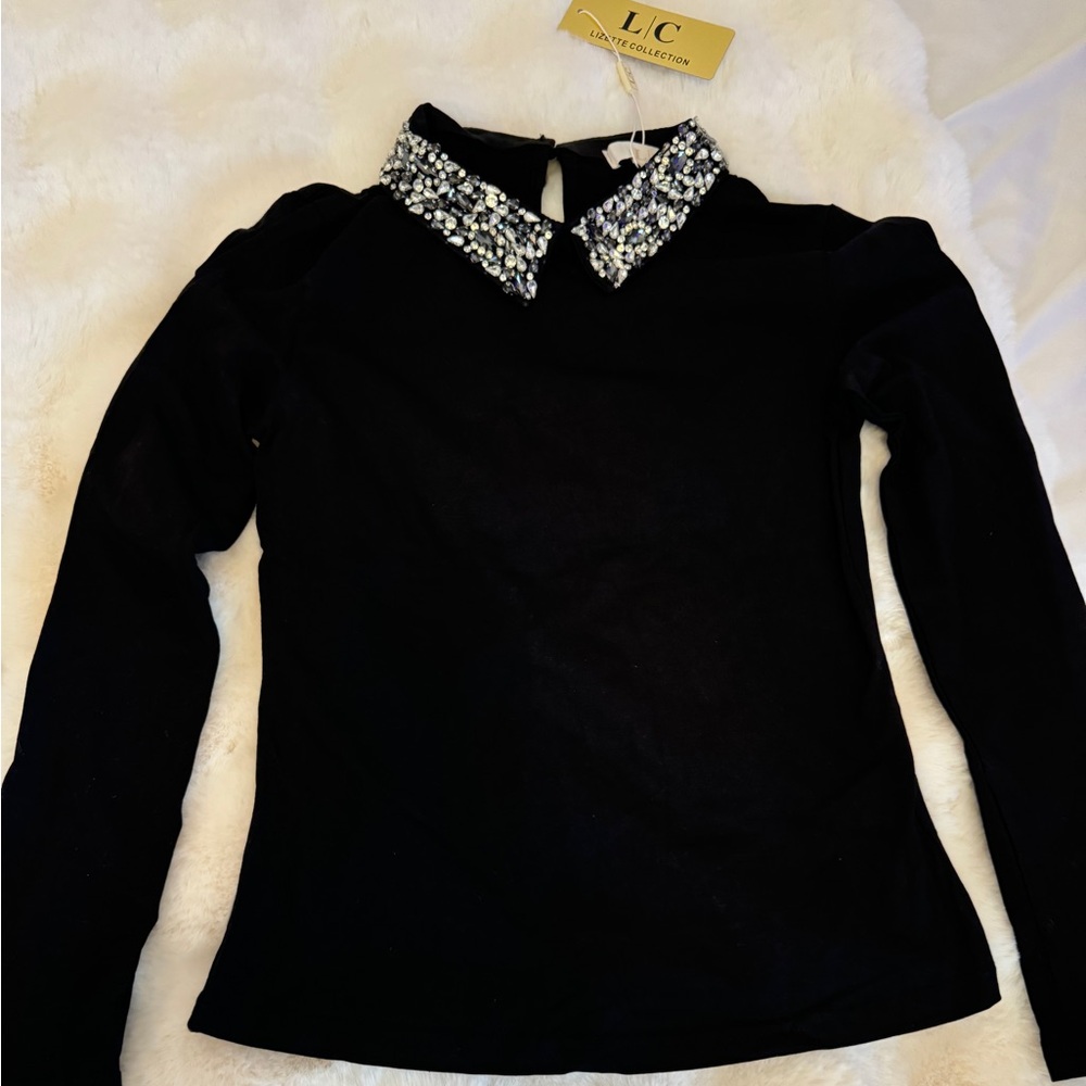 Black Fitted Long Sleeve Blouse with Peter Pan Collar